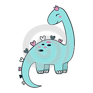 Simple illustration of cartoon dinosaur in crown, picture of cute brachiosaurus for any design. Best for kids dino party designs.
