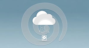 Simple illustration of a cloud computing concept with hard drive floating on white cloud