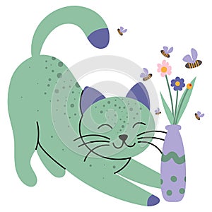 A simple illustration of a cute kitten with a bouquet of flowers