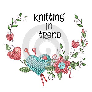 Simple illustration with knitting needle, knitting and english text. I love knitting, poster design. Colorful background