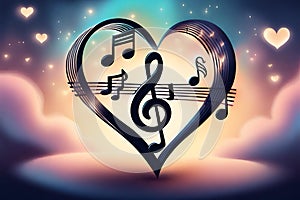 A simple illustration of music notes heart shape with treble and clef