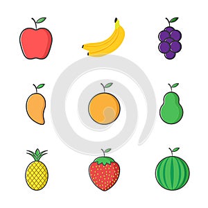 simple illustration set fruit icon with apple, banana, grape, mango, orange, pear, pineapple, strawberry and watermelon flat