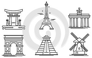 Simple illustration of several countries` iconic buildings