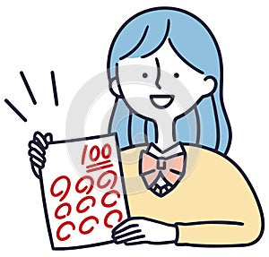 Simple illustration of a smiling female student getting a perfect score on a test