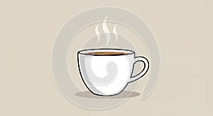 Simple illustration of a steaming coffee cup on a light beige background. The cup is