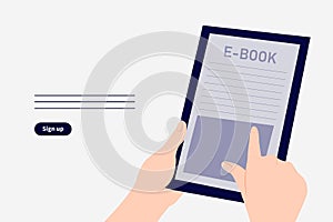 Simple illustration style e-book website material design, simulating users using e-books.