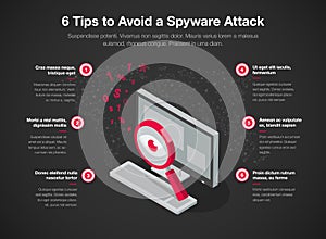 Simple infographic template for 6 tips to avoid a spyware attack - dark version