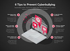 Simple infographic template for 6 tips to prevent cyberbullying - dark version
