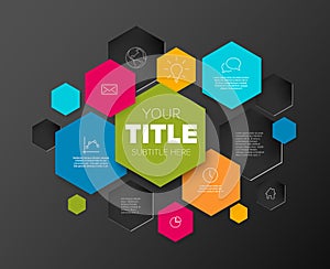 Simple infographic template with various information in hexagon boxes on dark background