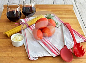 Simple ingredients ready for one pot pasta meal at home.