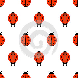 Simple insect seamless pattern made of ladybugs. Red beetle with black dots, circles