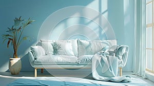 Simple interior design of a modern living room with a pastel blue fabric sofa and cushions.Generative AI