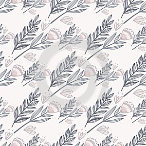 Simple isolated botanic bouquet seamless pattern. Branches and flowers forest print with blue contour. White background