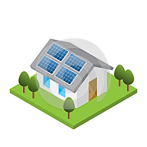 Simple isometric house with solar roof panels