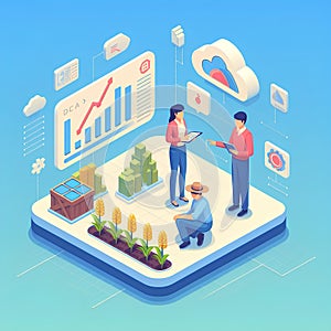 simple isometric illustration design, Farmers interacting with data experts