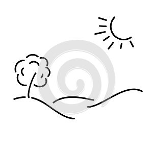 Simple kid-style illustration of a sunny meadow, tree and hilly landscape, hand-drawn