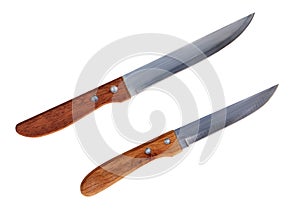 Simple kitchen knives with wooden handles isolated on white background