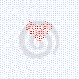 Simple knitted heart on blue and white doodle knitted geometric seamless pattern, vector for valentine`s day cards and