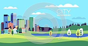 Simple landscape with buildings. Urban skyline residential houses, green trees and hill, summer cityscape banner