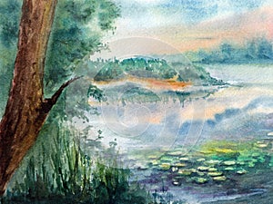 Simple landscape with river,  trees group, leaves of water lily and sunset sky. Hand drawn watercolors on paper textures. Raster