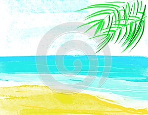 Simple landscape sketch. tropical beach, ocean, pelmtrees. Coconut palm trees against blue sky and beautiful beach.