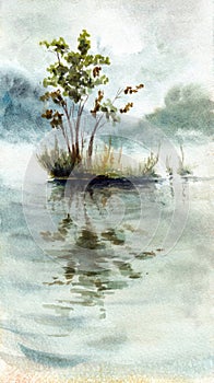 Simple landscape with water,  trees group on small island, and reflections. Hand drawn watercolors on paper textures. Raster