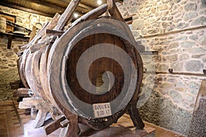 Simple life of ancient monks. 1200 liters wooden barrel for storing water in the Monastery of Varlaam from Meteora Eastern