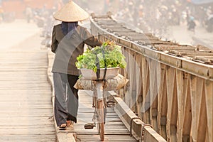 Simple life. Rear view of Vietnamese women with bicycle across the wooden bridge. Vietnamese women with Vietnam hat, vegetable on