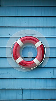 simple life ring, on blue wood wall background, red and white colors, minimalistic style