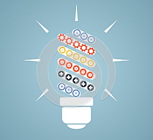 Simple light bulb conceptual icon with colorful gears inside. Vector illustration