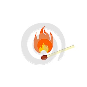 Simple lighted match icon. Burning safety match. Fire and flame. Vector