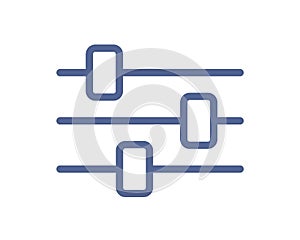 Simple line art icon of sound control bar or mixer with sliders and knobs. Volume settings panel pictogram. Equalizer