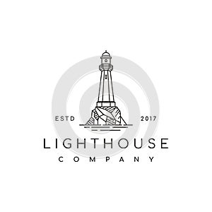 Simple Line Art Lighthouse Searchlight Beacon Tower Island Beach Coast logo design