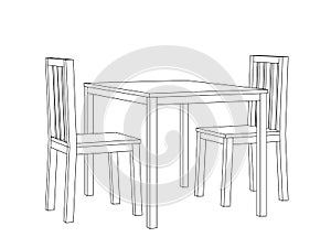 Simple line art perspective view vector of a dining table and two chairs