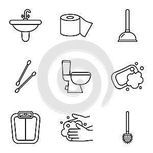 Simple line art set of essential bathroom hygiene icons
