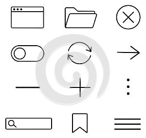 Simple line art UI UX icons set featuring web interface elements for app and website design