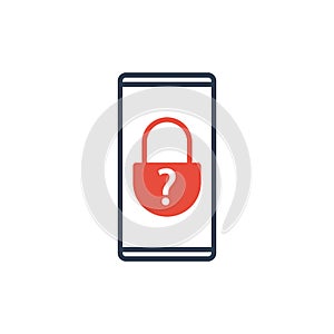 Simple Line of Cell Phone Vector Icon - question and lock key icon. password problem