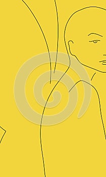 Simple line drawing of beautiful nude bald girl with butterfly wings. Half face portrait. Black contour over yellow background.