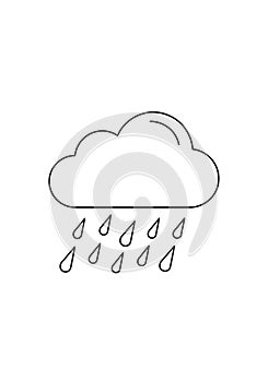 Simple line drawing of a cloud with raindrops falling from it. The cloud is rounded with