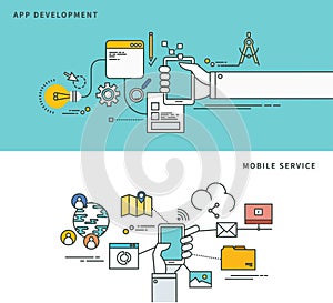 Simple line flat design of app development & mobile service, modern vector illustration.