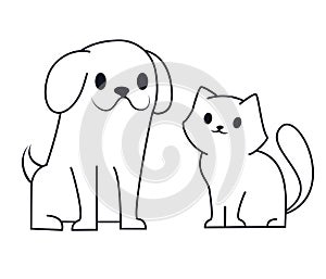 Simple line icon design of puppy and kitten. Cute little cartoon dog and cat vector illustration. Vet or pet shop logo.