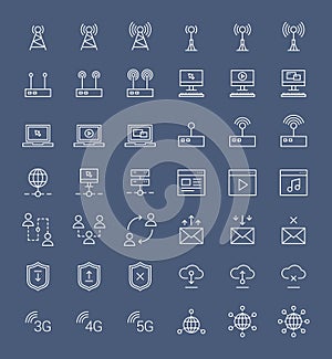 Simple line internet flat vector icons. Set of basic internet elements for web and mobile UI