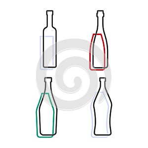 Simple line shape of vodka red wine martini and vermouth bottle. One contour figure of bottle, the second drink. Outline symbol