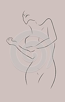 Simple line shillouette of seductive woman in elegant pose hugging herself by one hand and throwing her head back.