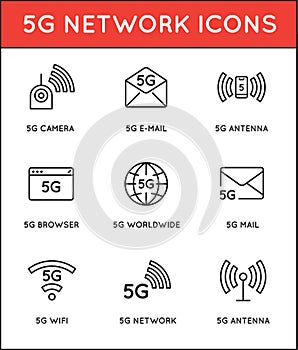 Simple line stroke vector icon set, new 5th generation mobile network 5G