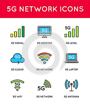 Simple line stroke vector icon set,new 5th generation mobile network 5G, high speed connection wireless systems