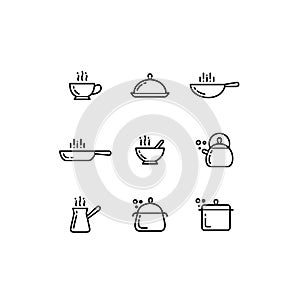 Simple line vector cooking utensils icons set. Pan, saucepan, cezve coffee, tea kettle, frying pan, bowl, tray.
