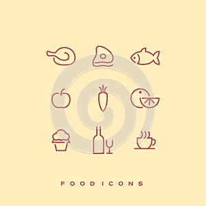 Simple line vector food icon set. Chicken, beef, fish, apple, carrot, orange, cupcake, bottle of wine and wine glass