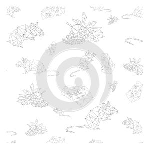Simple line vector polygone art of pattern with mouse cheese and Rowan berries