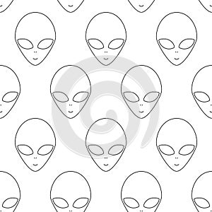 Simple linear black and white alien head seamless pattern, vector